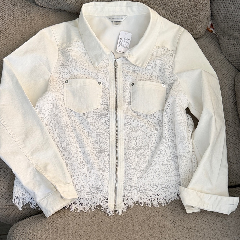 Christopher & Banks Cream Lace Zip-Front Jean Jacket